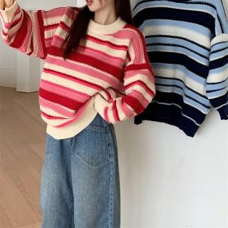 【D.studio】韓版寬鬆慵懶風條紋麻花毛衣(針織上衣 毛衣 長袖上衣 女裝 衣服 寬鬆上衣 顯瘦上衣 W498)