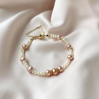 【Elegant 珍愛宣言】玫瑰粉雙色天然珍珠手鏈(天然粉色系 白色珍珠 金球磁吸釦 手鍊)