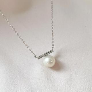 【Elegant 珍愛宣言】平衡線天然珍珠純銀鑲鑽項鍊(天然圓珍珠 S925銀鑲鋯石鎖骨項鍊 禮物)