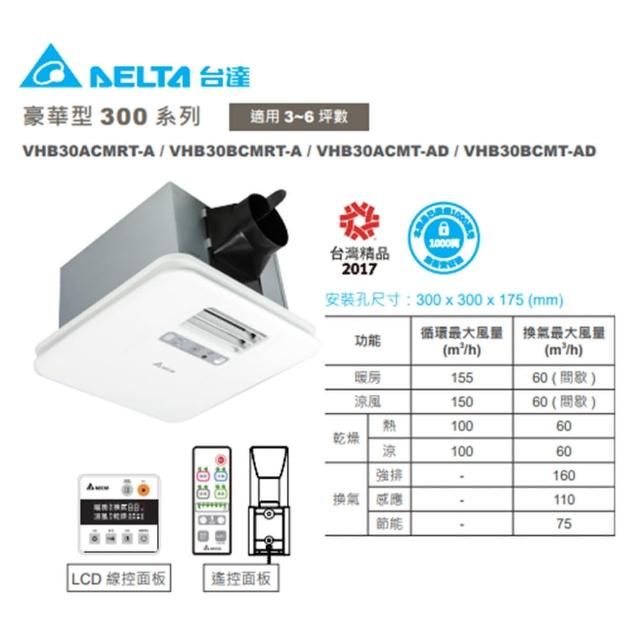 【台達電子】豪華300系列 暖風機 遙控型 線控型 VHB30AMRT-A/VHB30BCMRT-A(110V/220V)