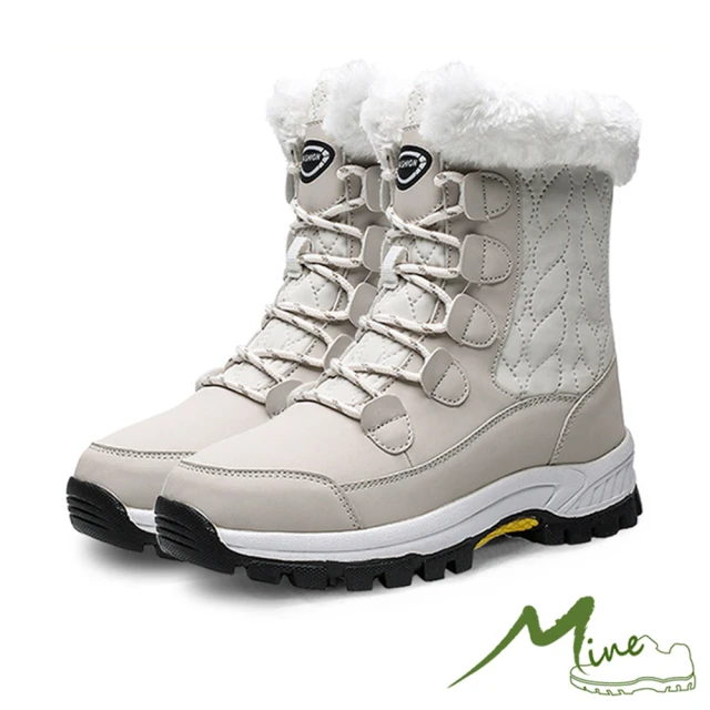 MINEMINE 百搭經典防潑水保暖機能時尚拼接戶外休閒雪靴(白)