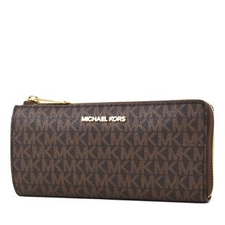 【Michael Kors】專櫃款 緹花LOGO防刮皮革L型拉鍊長夾-咖啡色