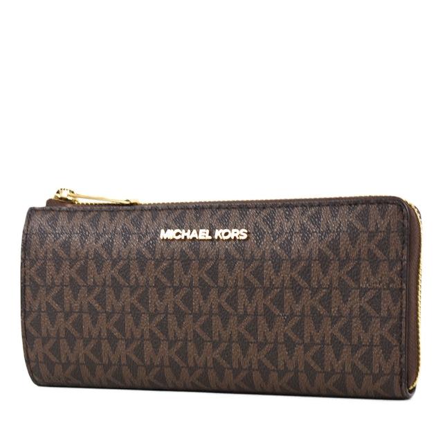 【Michael Kors】專櫃款 緹花LOGO防刮皮革L型拉鍊長夾-咖啡色