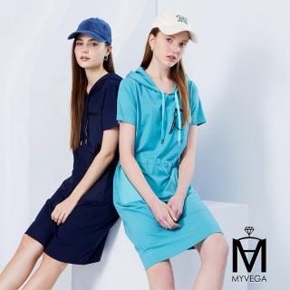 【MYVEGA 麥雪爾】MA涼爽腰抽繩連帽短袖短洋裝-藍綠