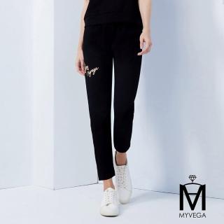 【MYVEGA 麥雪爾】MA高含棉英文刺繡配色彈力腰頭休閒套裝長褲-黑(上下身分開販售/2024春夏新品)
