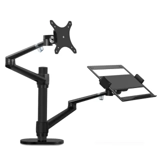 【Ermutek】升級版鋁合金電腦螢幕支架+筆電支架二合一桌上型支架工作站(黑色/夾鎖桌兩用固定)