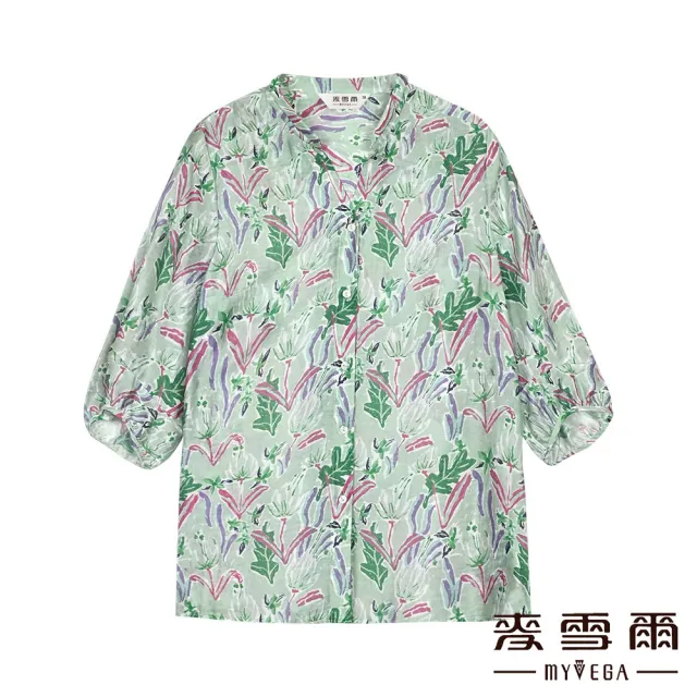 【MYVEGA 麥雪爾】亞麻棉水彩花卉排釦七分袖上衣-綠(2024春夏新品)
