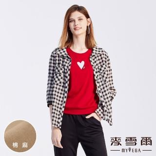 【MYVEGA 麥雪爾】棉麻雙口袋七分袖格紋襯衫上衣-黑