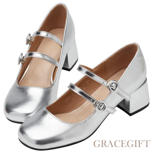 【Grace Gift】甜美圓釦雙帶中跟瑪莉珍鞋