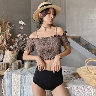 【mystic 神秘者】女泳裝 兩件式 一字肩高腰三角兩件式泳衣(共3色 M-XL)