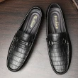【ANSEL】真皮樂福鞋 平底樂福鞋/真皮頭層牛皮鱷魚皮紋金屬釦造型平底樂福鞋-男鞋(黑)