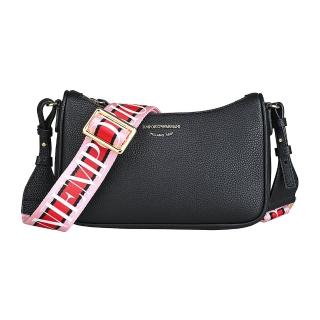 【EMPORIO ARMANI】EMPORIO ARMANI金字燙印LOGO荔枝紋小牛皮拉鍊斜揹包(迷你/黑x粉紅)