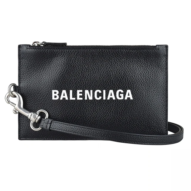 Balenciaga 巴黎世家 BALENCIAGA 白字LOGO牛皮拉鏈掛繩證件零錢包(黑)