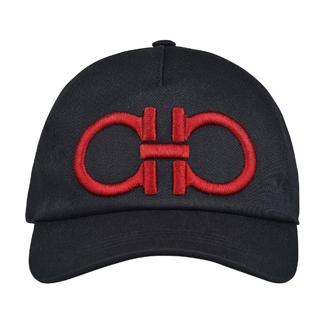 【Salvatore Ferragamo】SALVATORE FERRAGAMO GANCINI刺繡雙環LOGO純棉棒球帽(黑x紅)