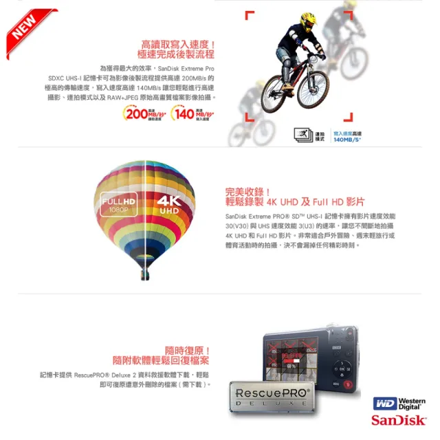 【SanDisk 晟碟】[全新版 再升級] 64GB Extreme PRO SDXC 4K V30 記憶卡 200MB/s(原廠有限 永久保固)