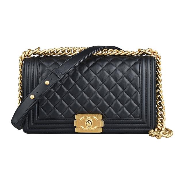 【CHANEL 香奈兒】CHANEL BOY仿舊雙C LOGO絎縫菱格紋小羊皮扣式鏈帶斜背包(黑)