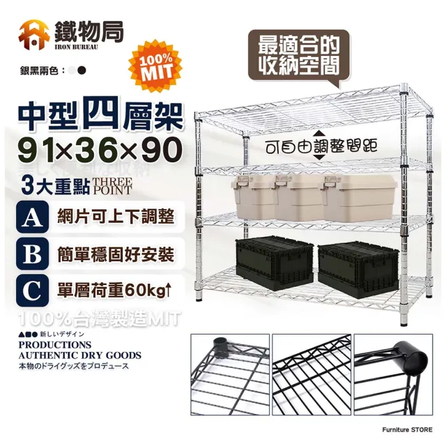 【鐵物局】91X36X90cm四層架100%MIT(電鍍銀/烤漆黑-收納層架/展示架/貨架)