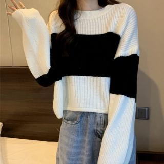 【ONEY 歐妮】★短款條紋拼色針織毛衣(女上衣/長袖/保暖)