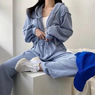 【ONEY 歐妮】★寬鬆連帽拉鍊薄款直筒褲兩件套(女上衣/長袖/上衣+長褲)