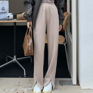 【ONEY 歐妮】★磨毛高腰鬆緊開岔直筒長褲(女上衣/長褲/保暖)