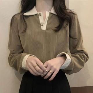 【Amirr 艾米爾】★法式小眾翻領燈芯絨感拼色上衣(女上衣/長袖/針織)