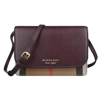 【BURBERRY 巴寶莉】BURBERRY HAMPSHIRE燙金LOGO防刮牛皮拼接格紋帆布磁扣式斜背包(紫紅x典藏米)