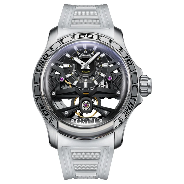 BONEST GATTI 布加迪 銀x白 偏心顯示設計面盤 白氟橡膠錶帶 機械腕錶 45mm 贈上鍊盒(BG5101-A1)