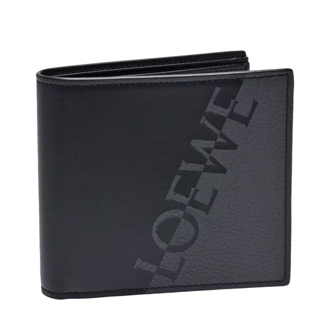 【LOEWE 羅威】經典品牌LOGO雙色小牛皮摺疊短夾(曜石黑C314302X01-1268)