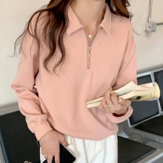 【Amirr 艾米爾】★POLO翻領純色拉鍊上衣(女上衣/長袖/針織)