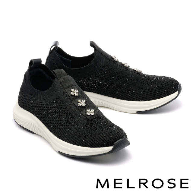 MELROSE 美樂斯 氣質美學幸運草飾釦飛織布厚底休閒鞋(黑)