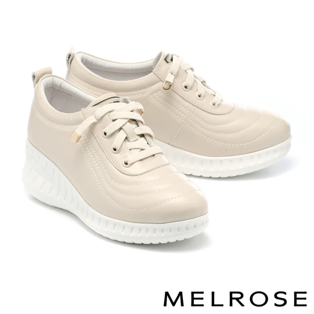 【MELROSE】美樂斯 清新純色流線造型全真皮厚底休閒鞋(米)