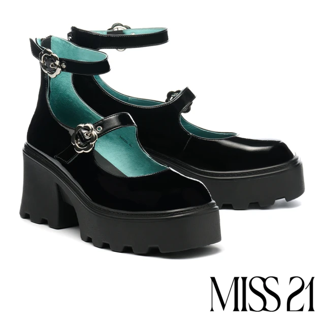 MISS 21MISS 21 敏感小花踝帶瑪莉珍大方頭高跟厚底鞋(黑)