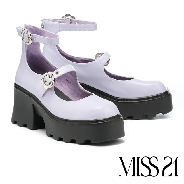 MISS 21 敏感小花開邊珠踝帶瑪莉珍大方頭高跟厚底鞋(紫)