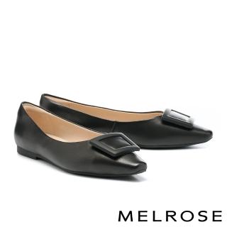 【MELROSE】美樂斯 俐落方釦全真皮小方頭平底鞋(黑)