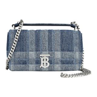 【BURBERRY 巴寶莉】BURBERRY LORA TB銀字LOGO格紋設計牛仔布釦式鏈帶斜背包(小/丹寧藍)