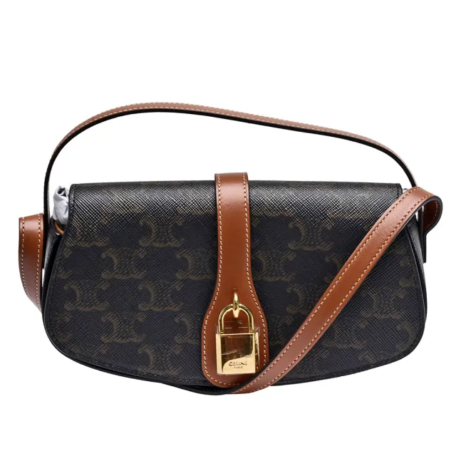 【CELINE】經典TRIOMPHE系列帆布小牛皮飾邊鎖頭造型手提/肩背包(黃褐色10I592DQ2.04LU)