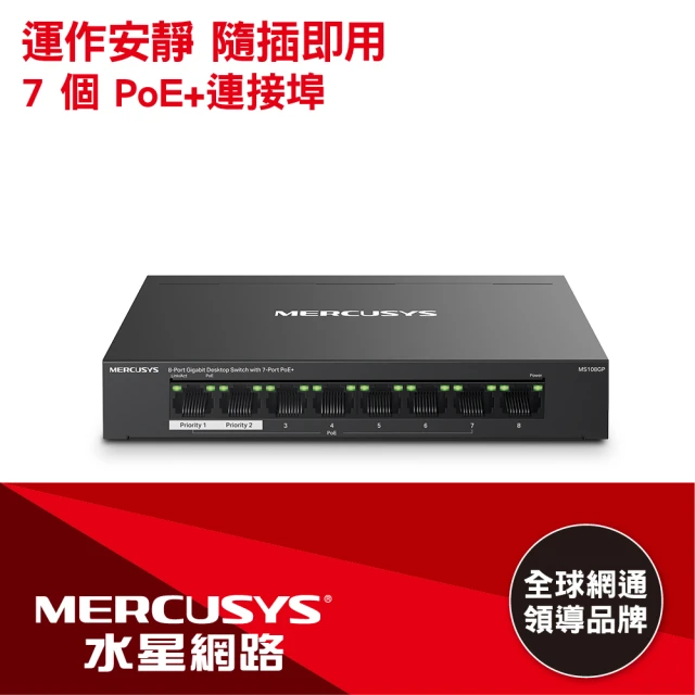 【Mercusys 水星】搭 延長線+網路線 ★ 8埠 Gigabit 65W PoE供電 金屬殼 網路交換器 (MS108GP)