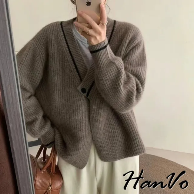【HanVo】現貨 氣質V領單扣針織開衫(溫柔韓系簡約親膚柔軟 韓系女裝 女生衣著 A07-4504)