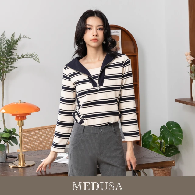 MEDUSA 曼度莎 現貨-水手領橫紋休閒上衣（M-XL）｜女上衣 長袖上衣 休閒上衣 冬新品(201-25501)