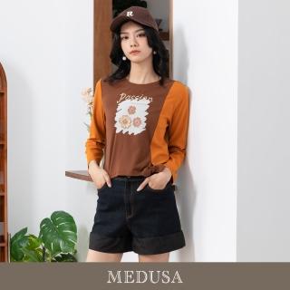 【MEDUSA 曼度莎】現貨-小花撞色拼接綁結T（M-XL）｜女上衣 休閒上衣 長袖上衣 冬新品(201-26001)