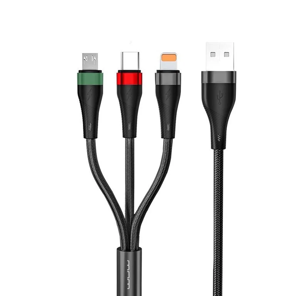 【加利王WUW】100W三合一智能大電流 耐彎折編織快充線 Lightning/Micro/USB-C 1.2M(X190)