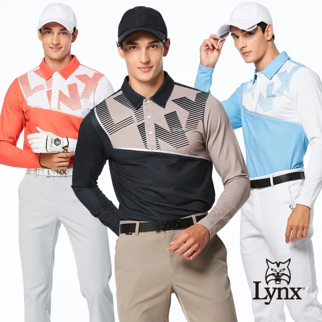 【Lynx Golf】男款合身版吸溼排汗抗UV內刷毛保暖舒適線條Lynxy字體剪裁設計長袖POLO衫(三色)