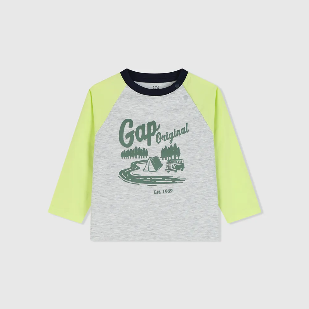 【GAP】男幼童裝 Logo印花圓領長袖T恤-黃灰撞色(890270)