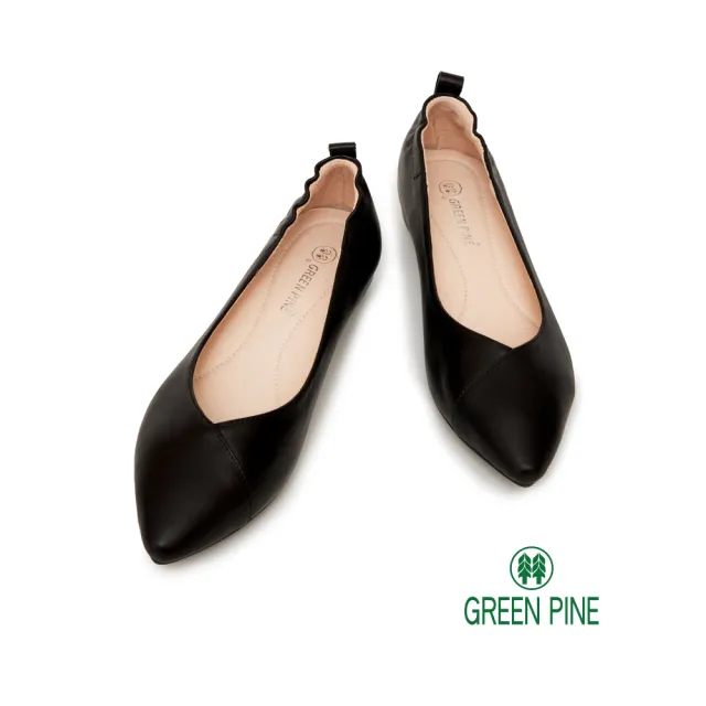 【GREEN PINE】真皮尖頭鬆緊懶人平底鞋黑色(00320366)