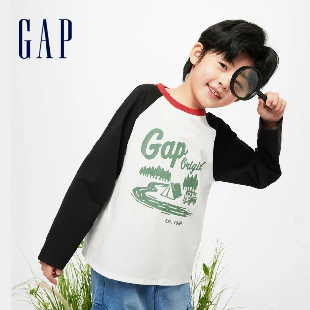 GAP 男童裝 Logo印花圓領長袖T恤-豆沙綠(89022