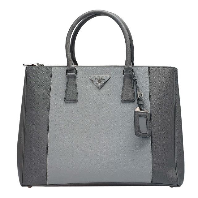 【PRADA 普拉達】Saffiano Lux三角LOGO防刮小牛皮手提包(深灰X灰B1786C-MARMO)