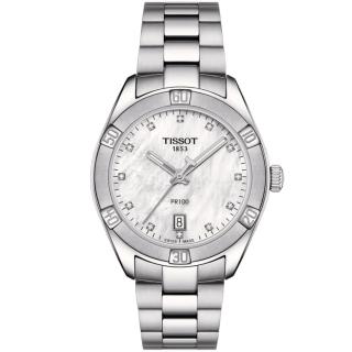 【TISSOT 天梭 官方授權】PR100系列 珍珠貝面真鑽運動風腕錶-36mm 情人節 禮物(T1019101111600)