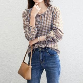 【LANNI 藍尼】★圓領小菱格紋簡約上衣(長袖/休閒/女裝)
