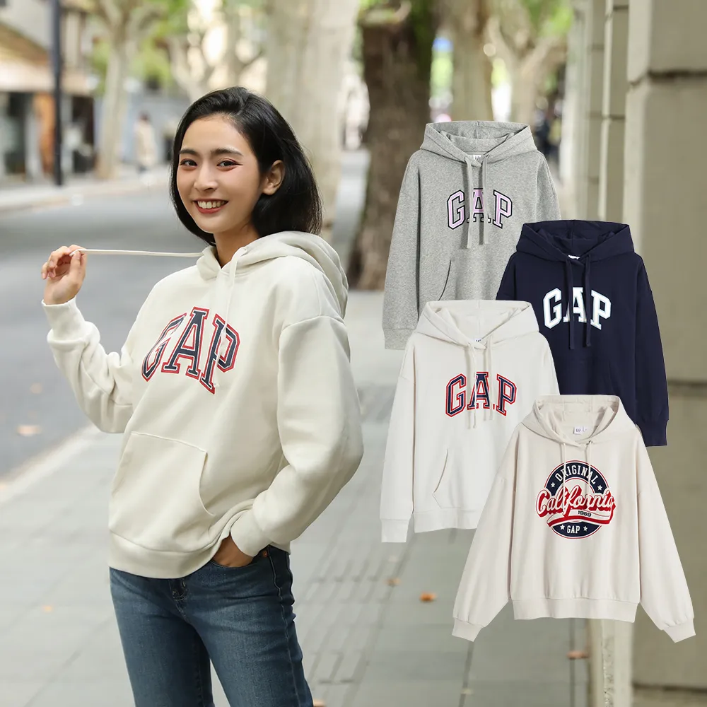 GAP】女裝Logo刷毛長袖帽T 碳素軟磨系列-多色可選(445804&762597