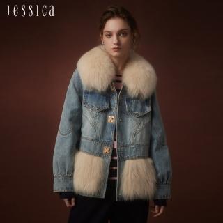 【JESSICA】時尚減齡牛仔拼接毛毛羽絨內裡外套J35C12